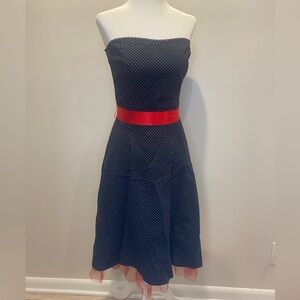 Ruby Rox black and white polka dots strapless dress with red accents